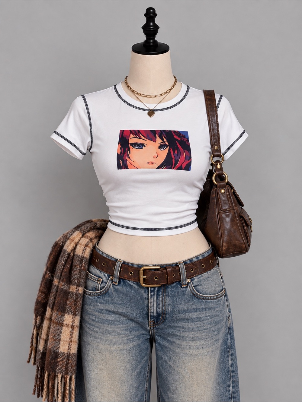 White Graphic Crop Tee with Contrast Stitching - Anime Face Print